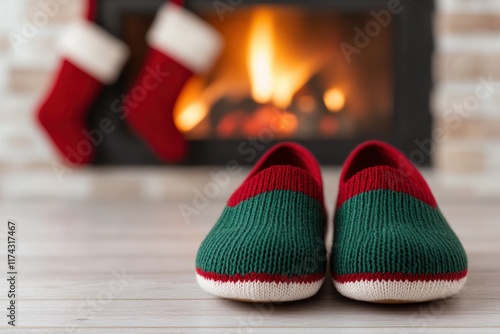 Cozy scene with red and green slippers by the warm fireplace with festive stockings photo