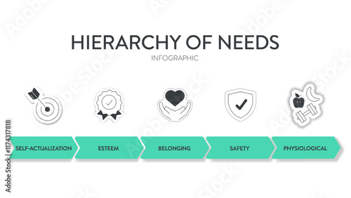 Hierarchy of needs pyramid model infographic diagram chart template with icon vector for business presentation has self actualization, esteem, belonging, safety and physiological. Motivational theory.