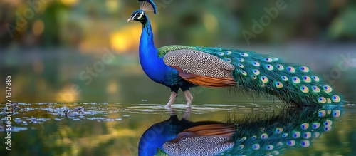 A vibrant peacock with its iridescent tail feathers spread wide stands in a shallow body of water, its reflection mirroring its beauty. photo