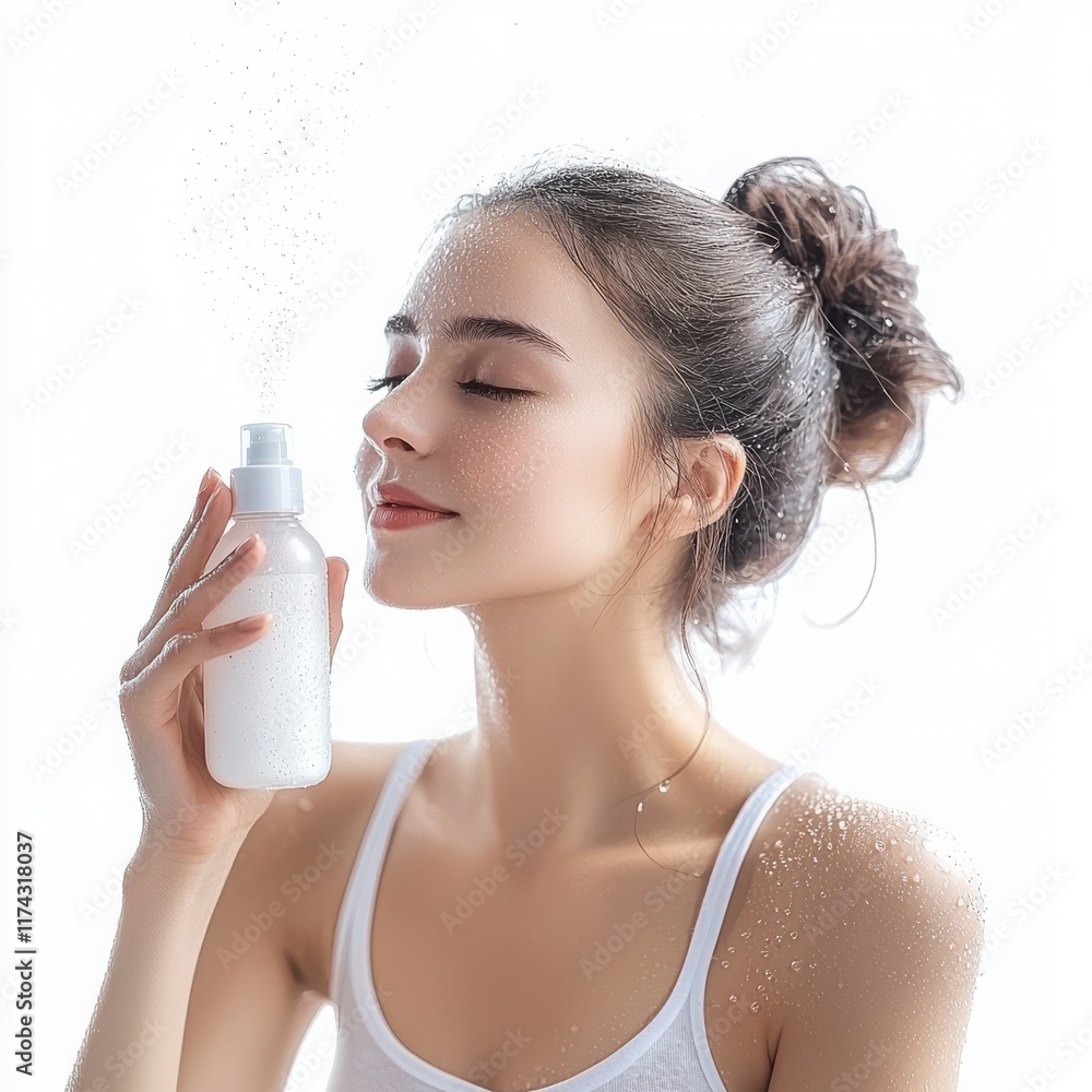 Young woman holding a hydrating mist spray. isolated on white background. Young woman holding a hydrating mist spray. isolated on white background.