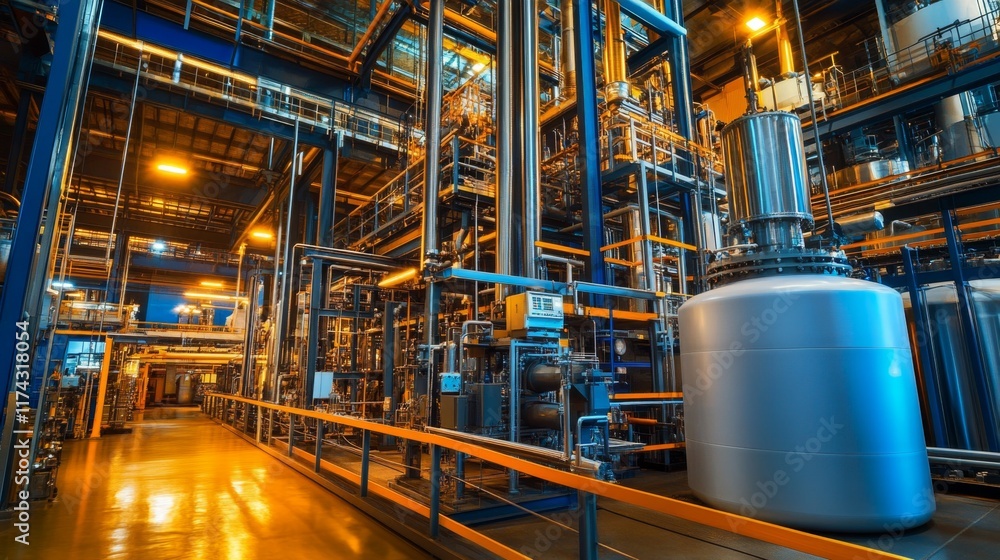 Fototapeta premium A futuristic polymer manufacturing plant utilizing material science advancements, focusing on creating lightweight, durable polymer products for modern industries, with advanced machinery in action