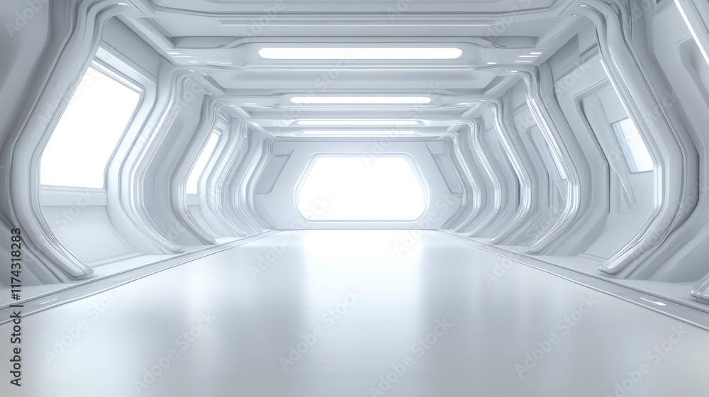 Obraz premium Empty space inside futuristic room, showroom, spaceship, hall or studio in perspective view. Include ceiling, hidden light, white floor. Modern background design of future, technology.