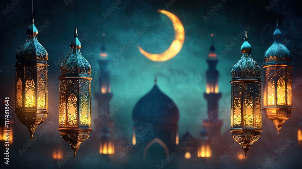 Obraz premium Ramadan, Crescent, Peace. Illuminated lanterns with a crescent moon over a mosque at night.