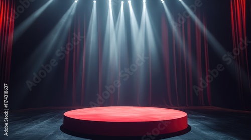 Empty stage of the theater, lit by spotlights before the performance. Red round podium on bright background. Empty pedestal for award ceremony. Platform illuminated by spotlights. photo