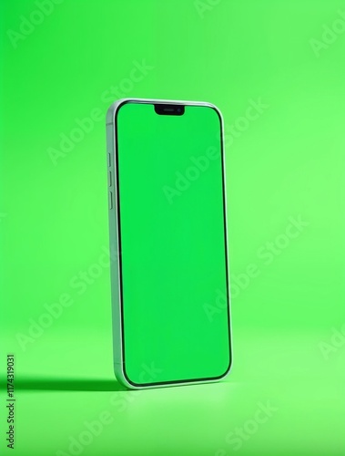 Smartphone with green screen on green background Perfect for app showcases mockups or digital content displays photo