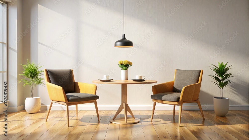 Fototapeta premium Modern Seating Area, Cozy Minimalist Interior, Light Wood Chairs, Black Table