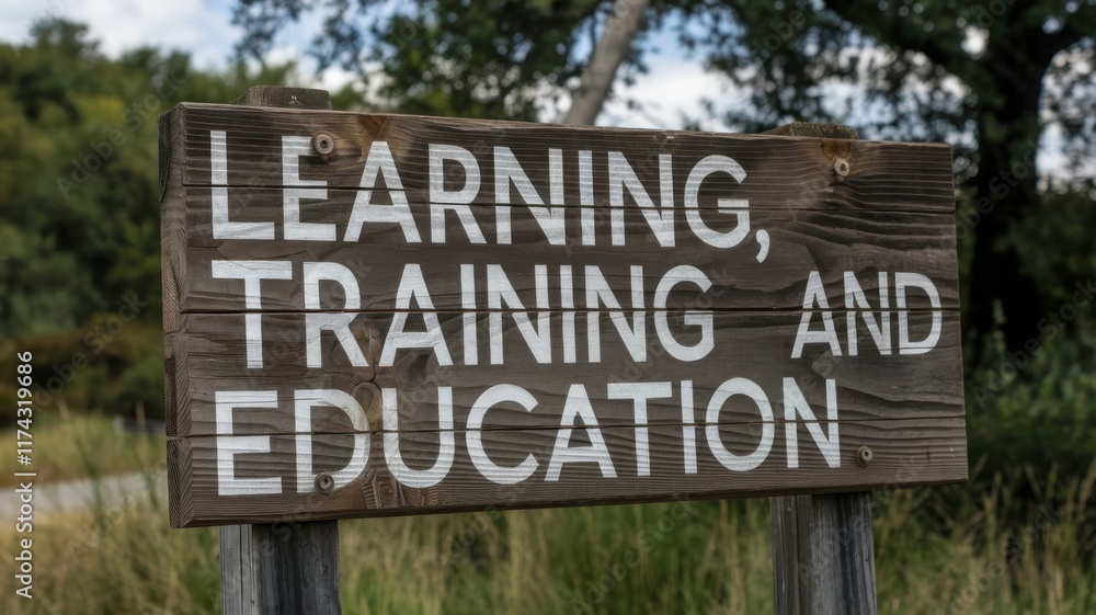 Learning, training and education text on wooden road sign outdoors in nature Learning, training and education text on wooden road sign outdoors in nature