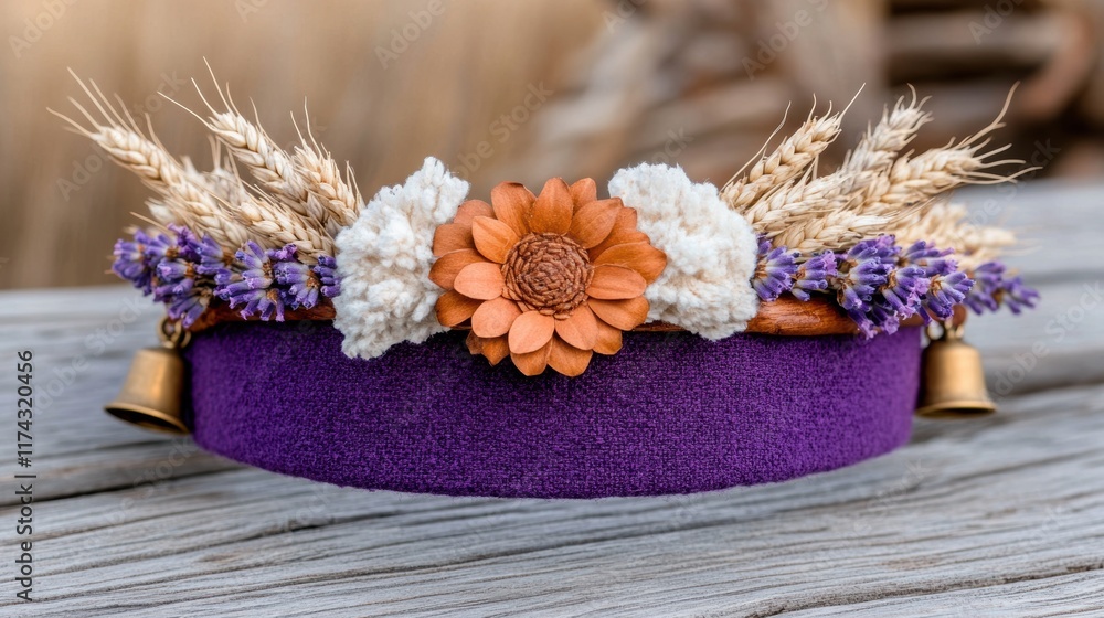 Rustic floral headband with wheat and lavender on wooden surface Rustic floral headband with wheat and lavender on wooden surface