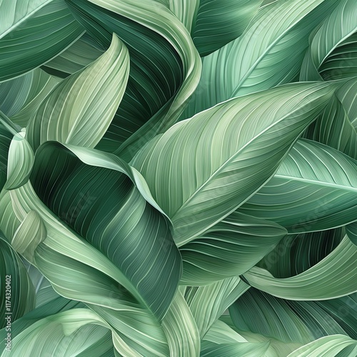 Lush green leaves with intricate textures, nature's vibrant patterns. photo