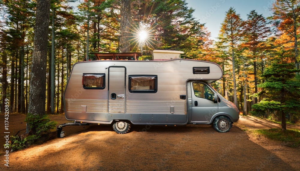 A camper in the forest invites adventure and exploration. A camper in the forest invites adventure and exploration.