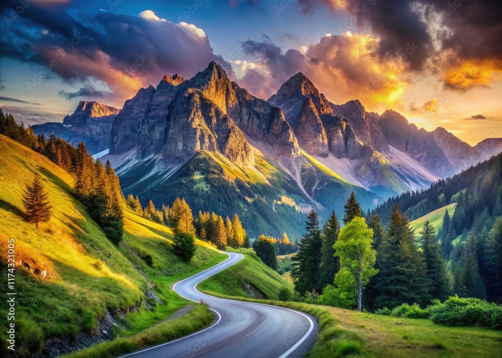 Fototapeta premium Mountain Road Panoramic View, Scenic Highway, Alpine Landscape
