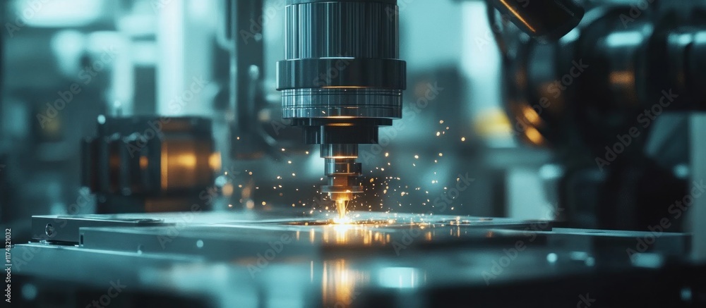 A close-up of a robotic arm cutting metal with sparks flying. A close-up of a robotic arm cutting metal with sparks flying.