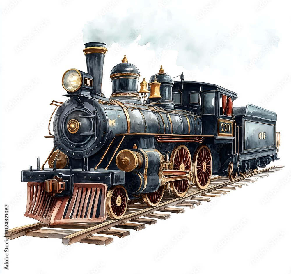 Obraz premium Watercolor black train with wooden wheels, clipart on a white background. 