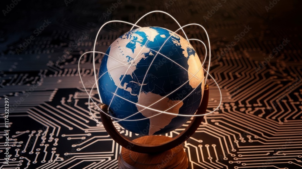 Optical fibers encircling a globe with a circuit board background representing global connectivity Optical fibers encircling a globe with a circuit board background representing global connectivity