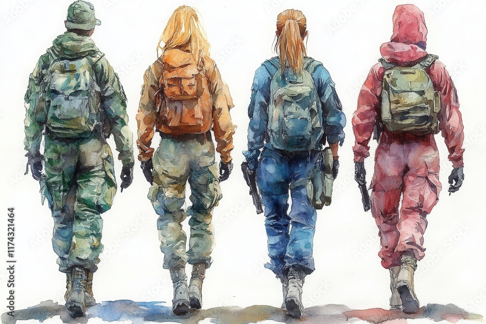 Four individuals in military attire walking away, showcasing unity and strength. Four individuals in military attire walking away, showcasing unity and strength.