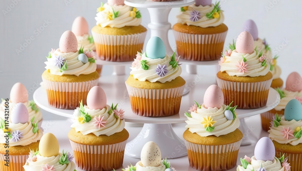Easter themed cupcake tower festive display of mini egg treats spring celebration bright kitchen setting Easter themed cupcake tower festive display of mini egg treats spring celebration bright kitchen setting