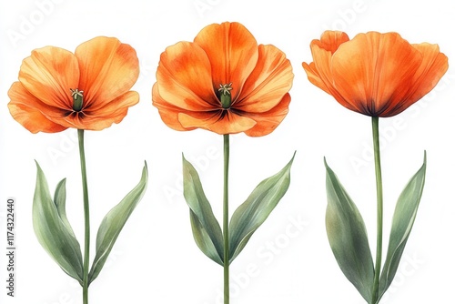 Wallpaper Mural Three vibrant orange flowers with green leaves against a white background. Torontodigital.ca