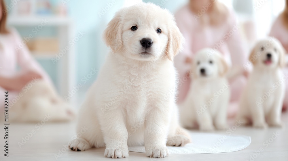 Adorable golden retriever puppies in a cozy indoor setting Adorable golden retriever puppies in a cozy indoor setting