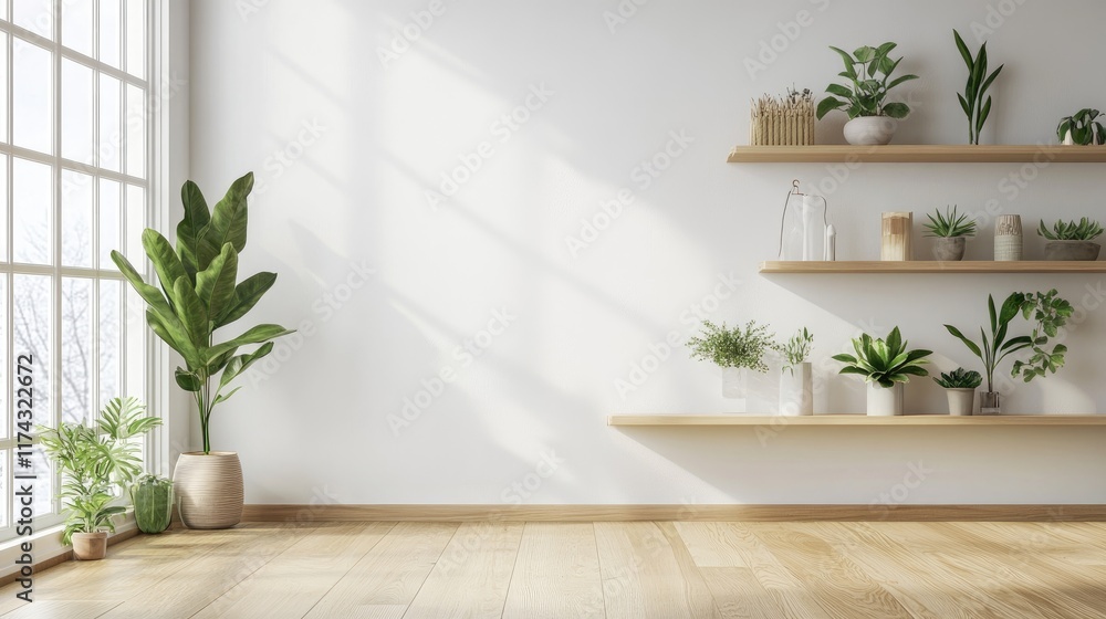 Sleek wooden shelves installed on a pristine white wall, with neutral decor and plants, perfect for a clean and organized living space Sleek wooden shelves installed on a pristine white wall, with neutral decor and plants, perfect for a clean and organized living space