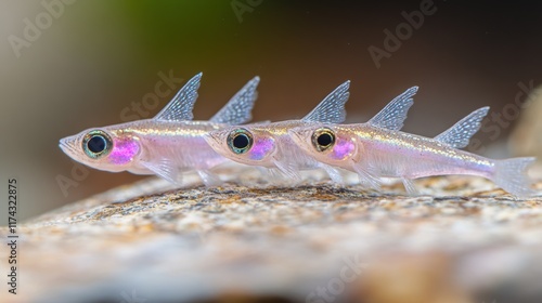 Close-up of translucent baby fish trio on a rock in natural habitat