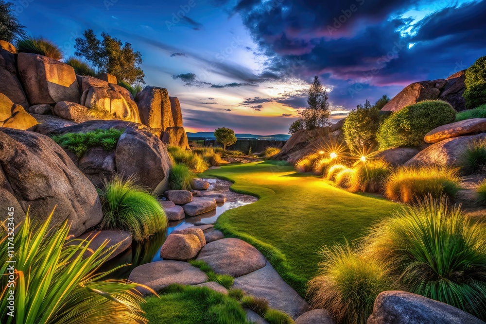 Fototapeta premium Night Landscape Intrusion Rock Grass Border AI Photo