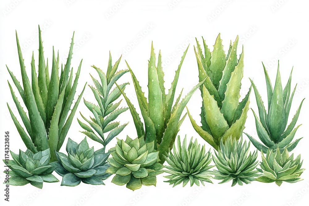 A collection of various green succulent plants illustrated in a detailed style. A collection of various green succulent plants illustrated in a detailed style.
