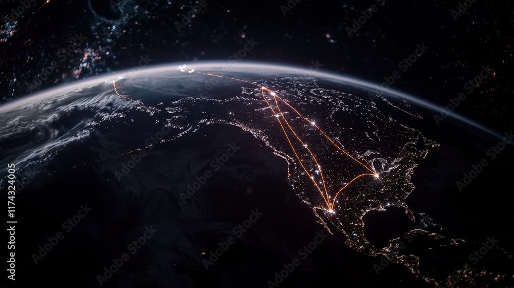 Obraz premium Global Network Earth at Night International Connections Worldwide Communication Travel