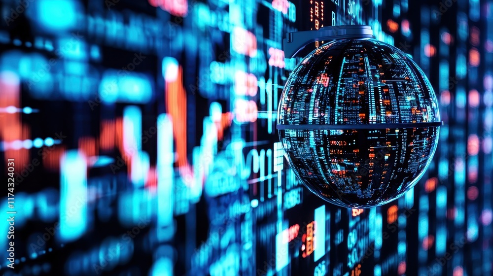 Digital Globe Surrounded by Colorful Data Visualizations and Financial Graphs Digital Globe Surrounded by Colorful Data Visualizations and Financial Graphs