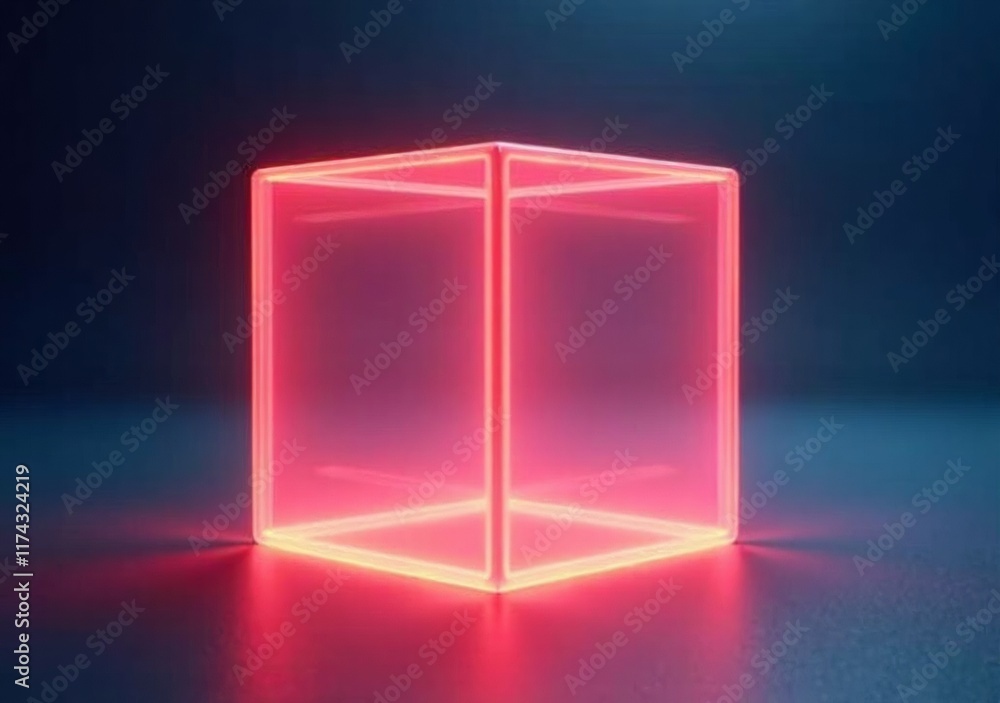 Neon glowing cube against a dark background with vibrant light reflections Neon glowing cube against a dark background with vibrant light reflections