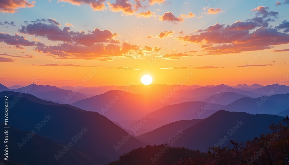 Fototapeta premium Sunset Panorama: Serene Mountain Ranges in Warm Hues