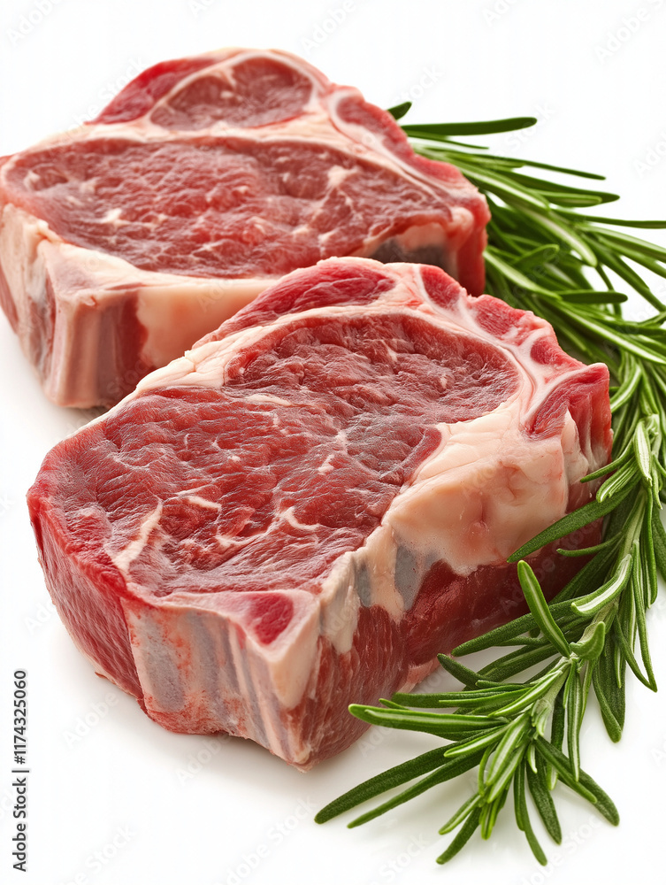 Fototapeta premium Juicy Steak with Rosemary: Two succulent beef steaks, ready for grilling, nestled amongst fresh rosemary sprigs. A mouthwatering image perfect for restaurant menus or culinary blogs.