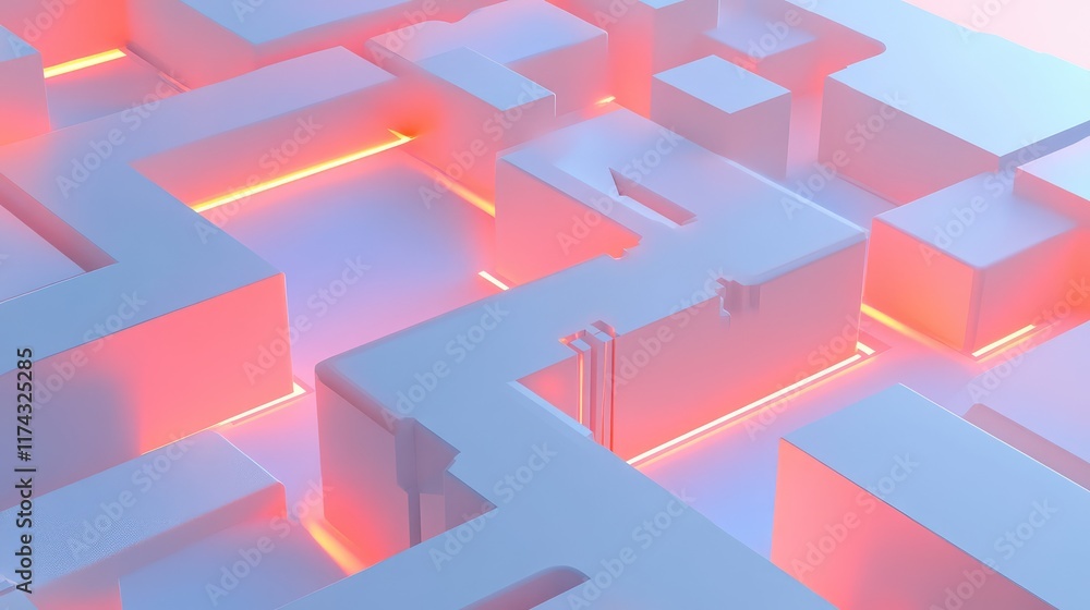 Fototapeta premium Abstract geometric AI decision-making pathways integrated with business graphs on a clean gradient background. Copy space surrounds.