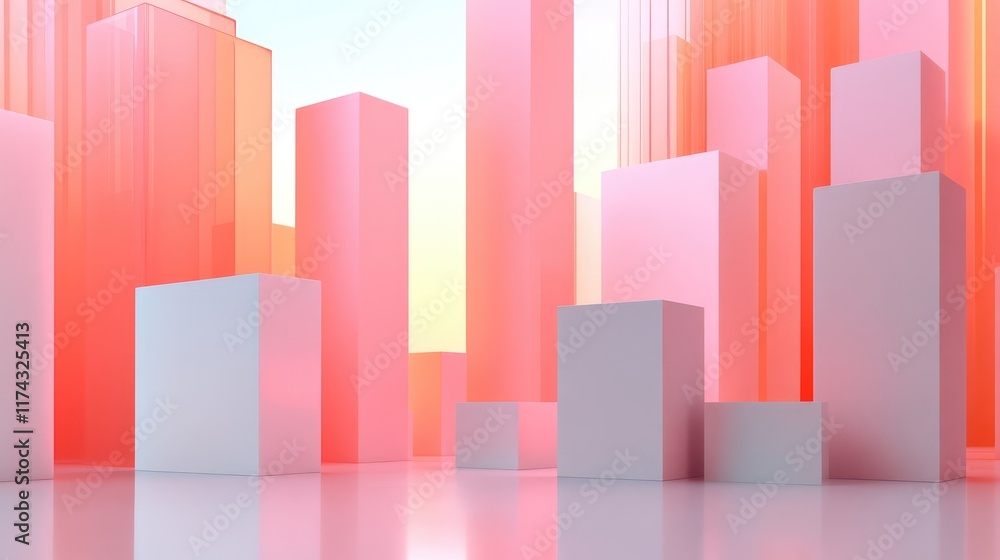 Fototapeta premium Abstract geometric shapes representing AI-driven innovation in development, glowing on a clean gradient background. Copy space provided.