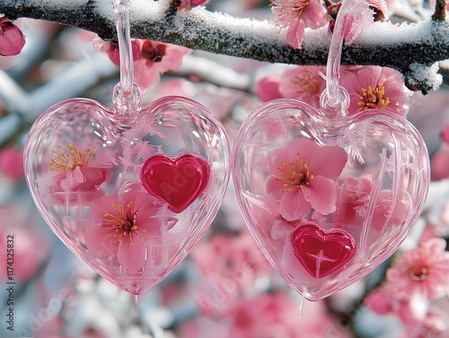 Two transparent glass hearts hanging from the tree, inside of them there is an ice pink rose and red heart-shaped flowers with snowflakes falling around them, a snow-covered forest in winter, in the s photo