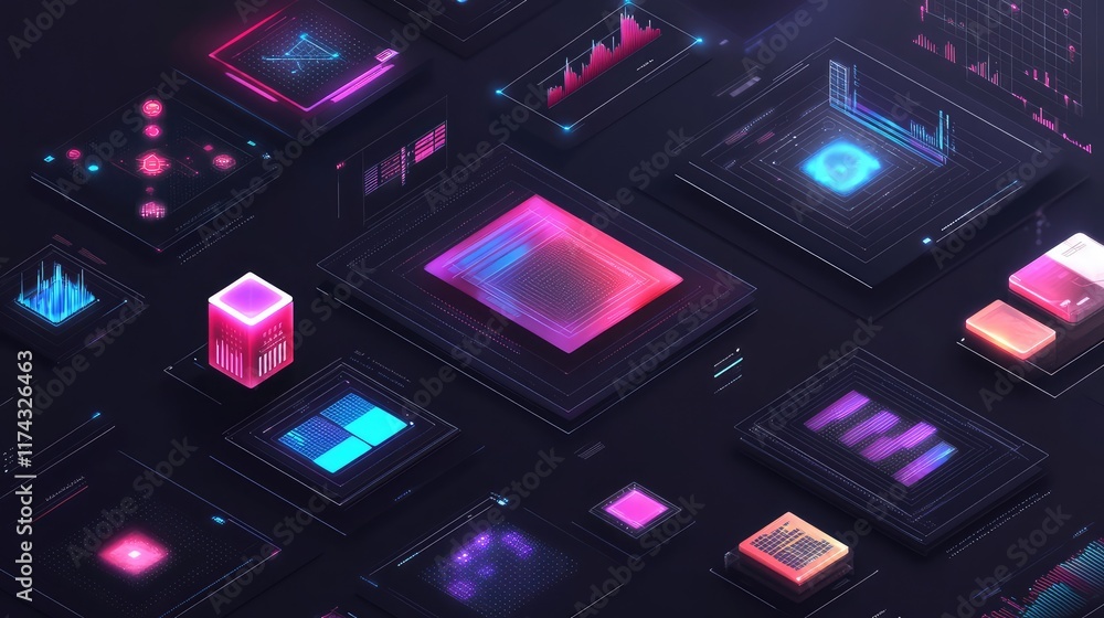 Abstract glowing representations of data science models with AI algorithms, displayed on a dark gradient background with ample copy space. Abstract glowing representations of data science models with AI algorithms, displayed on a dark gradient background with ample copy space.