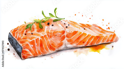 A beautifully hand-painted watercolor salmon steak | Perfect for restaurant menus, seafood packaging, culinary blogs, recipe books, and ocean-themed designs