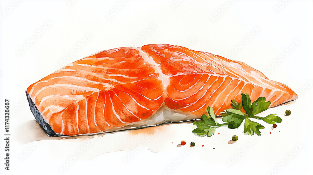 A beautifully hand-painted watercolor salmon steak | Perfect for restaurant menus, seafood packaging, culinary blogs, recipe books, and ocean-themed designs A beautifully hand-painted watercolor salmon steak | Perfect for restaurant menus, seafood packaging, culinary blogs, recipe books, and ocean-themed designs