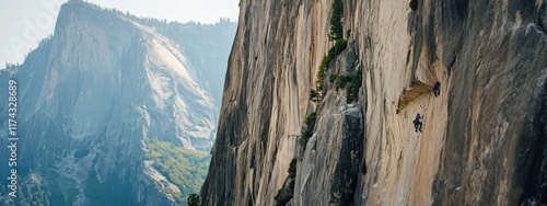 The dramatic ascent of climbers on the vertical granite walls of El Capitan in Yosemite National Park, Mountain scene, Dramatic style