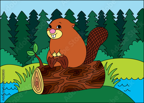 happy contented beaver sitting on log in summer green forest near river photo