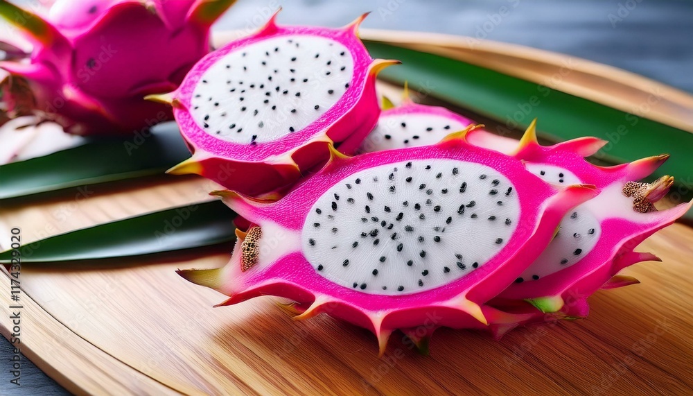 Slices of vibrant pink dragon fruit arranged on a wooden board with green leaves. Slices of vibrant pink dragon fruit arranged on a wooden board with green leaves.