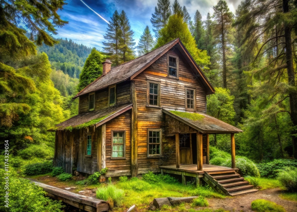 Old Wooden Boarding House in Woods - AI Photorealistic Scene Old Wooden Boarding House in Woods - AI Photorealistic Scene