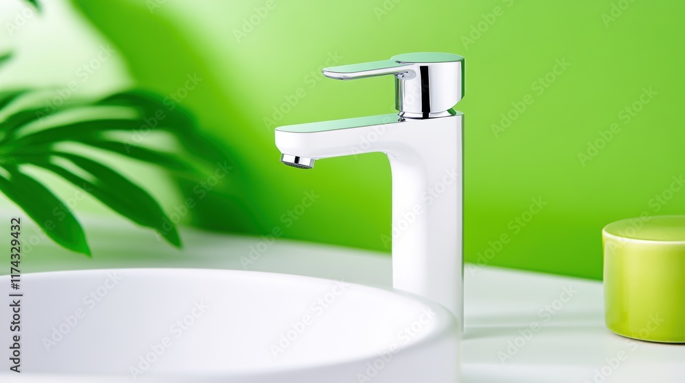 Modern white faucet with green accents in minimalist bathroom design Modern white faucet with green accents in minimalist bathroom design