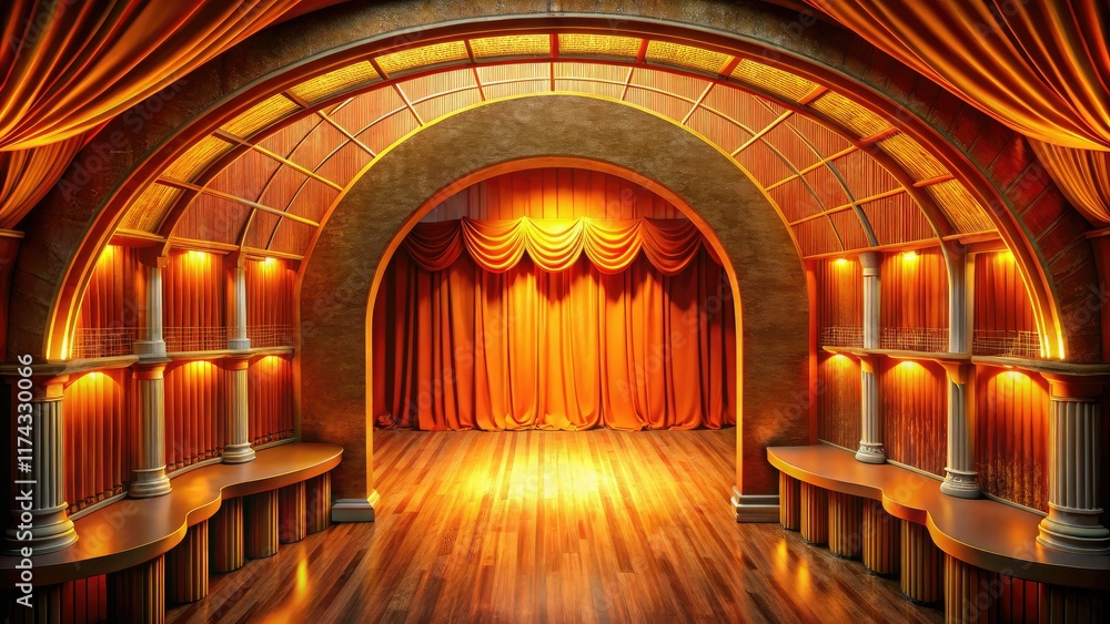 Fototapeta premium Orange Archway Drone Photography AI Art, Stage Entrance, Aerial View