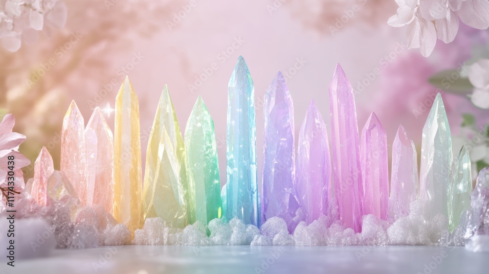 Vibrant rainbow quartz crystals surrounded by delicate blossoms in dreamy pastel setting Vibrant rainbow quartz crystals surrounded by delicate blossoms in dreamy pastel setting