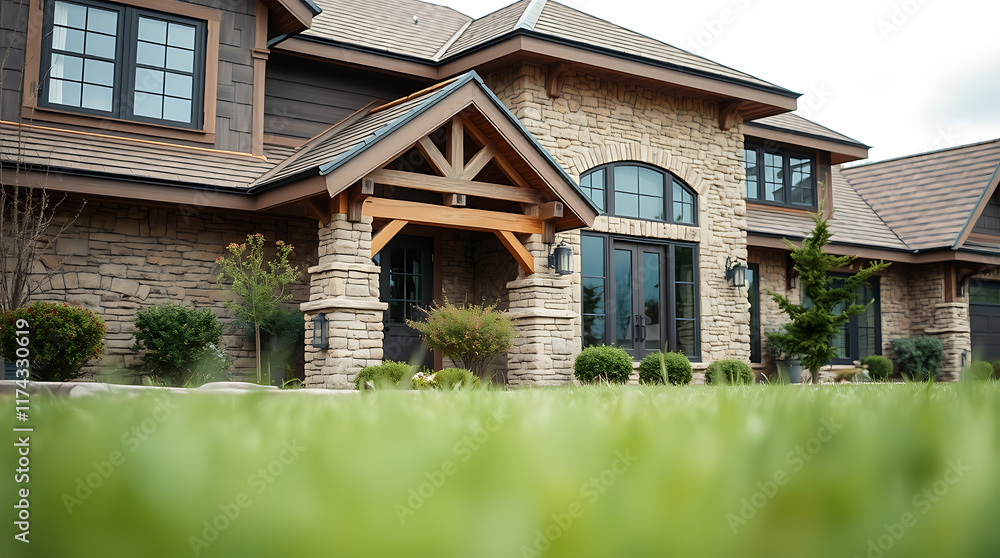 Stone and Wood Exterior Residential Building with Landscaped Lawn