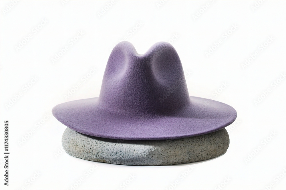 A lavender-coloured hat on a round product podium on a white background. (Generative AI) A lavender-coloured hat on a round product podium on a white background. (Generative AI)