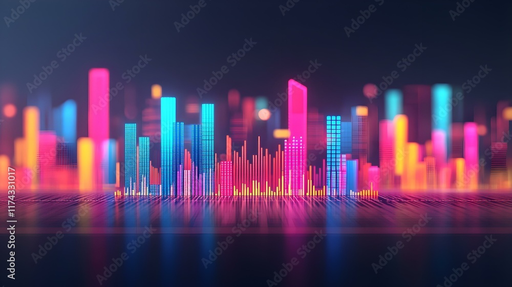 Vibrant City Skyline with Colorful Light Bars Representing Sound Waves and Urban Energy at Night Vibrant City Skyline with Colorful Light Bars Representing Sound Waves and Urban Energy at Night