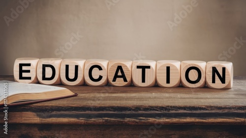 Wooden table with cubes displaying the word 