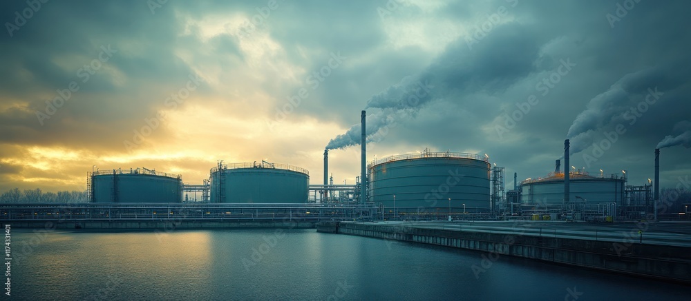 Industrial complex with large storage tanks and smokestacks emitting plumes of smoke at sunset, reflecting in calm water. Industrial complex with large storage tanks and smokestacks emitting plumes of smoke at sunset, reflecting in calm water.