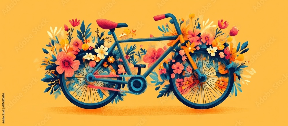 Fototapeta premium A blue bicycle with yellow and red flowers around it on an orange background.